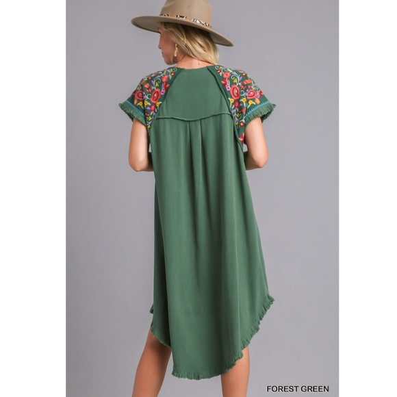 Umgee Forest Green High Low Dress with Embroidered Sleeves - Picture 2 of 4